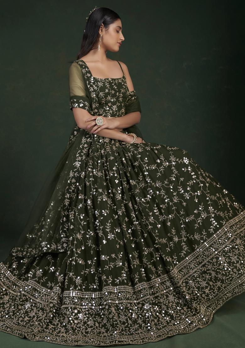 Green Embroiderd Georgette Lehenga Set - Indya