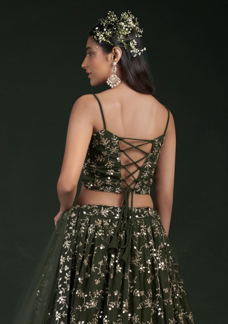 Green Embroiderd Georgette Lehenga Set - Indya