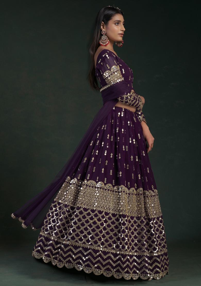 Wine Embroiderd Georgette Lehenga Set - Indya