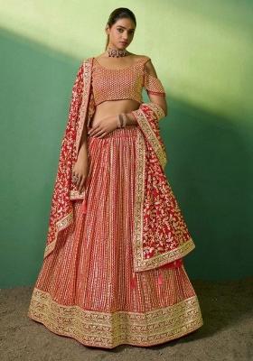 Red Embroiderd Georgette Lehenga Set