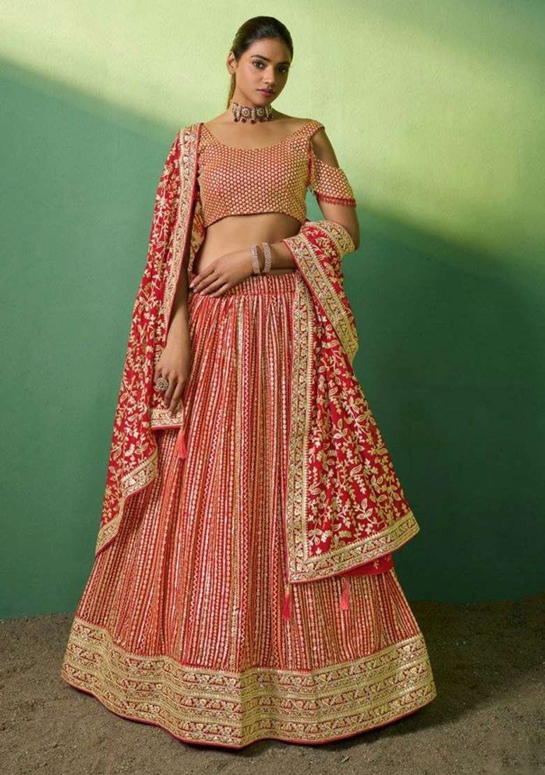 Red Embroiderd Georgette Lehenga Set for Diwali | Wedding & Festive Wear - Indya