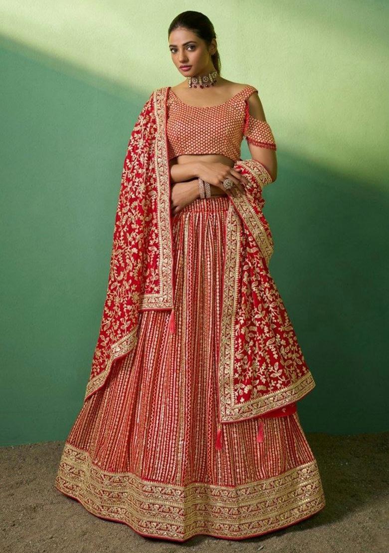 Red Embroiderd Georgette Lehenga Set - Indya