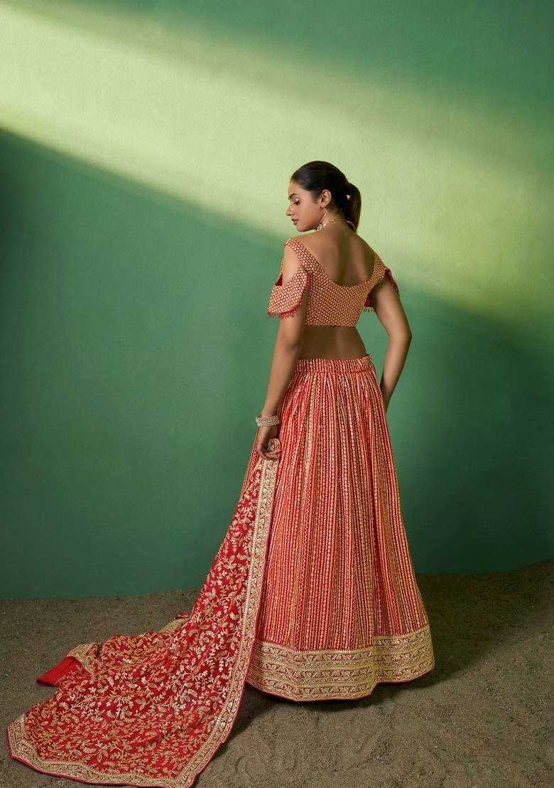 Red Embroiderd Georgette Lehenga Set for Diwali | Wedding & Festive Wear - Indya