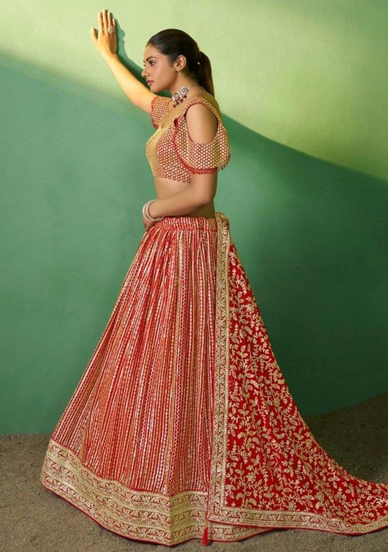 Red Embroiderd Georgette Lehenga Set - Indya