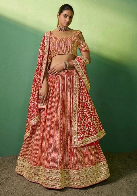 Red Embroiderd Georgette Lehenga Set