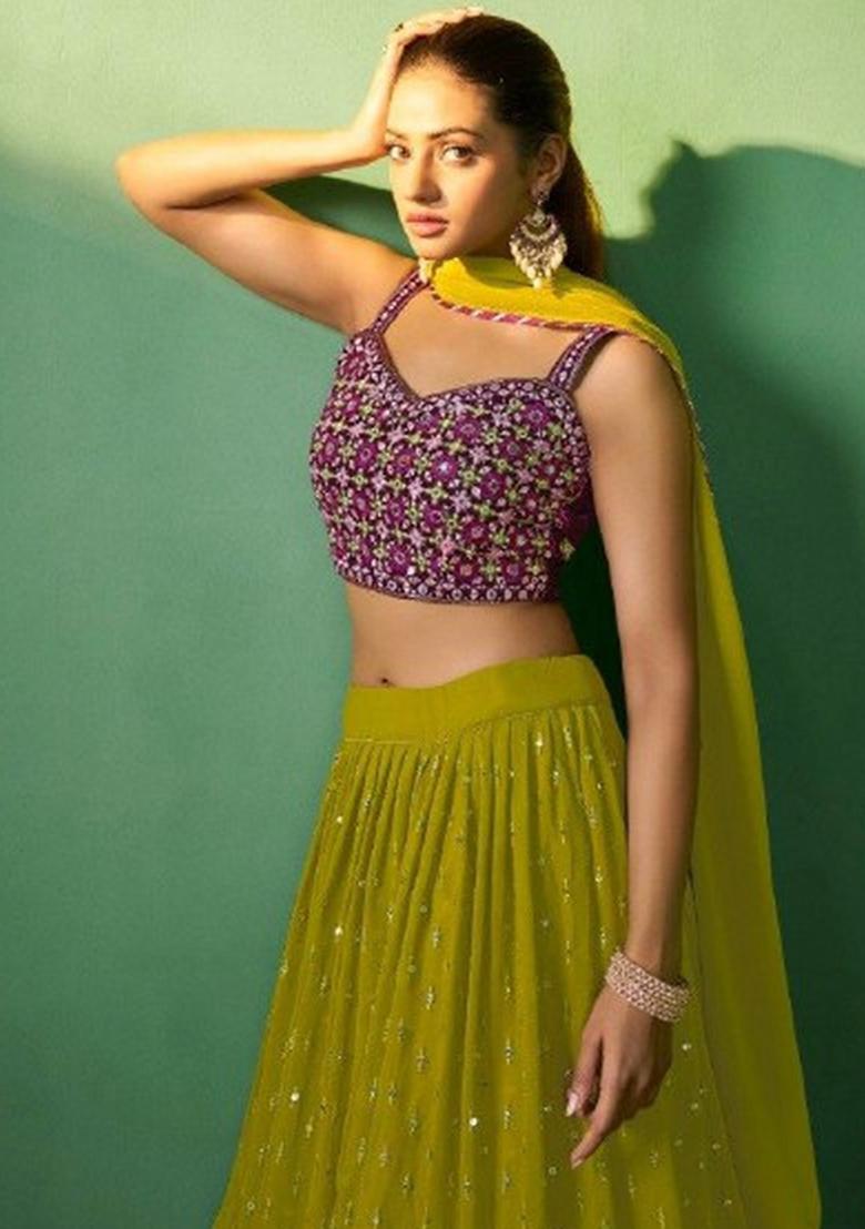 Green Embroiderd Georgette Lehenga Set - Indya