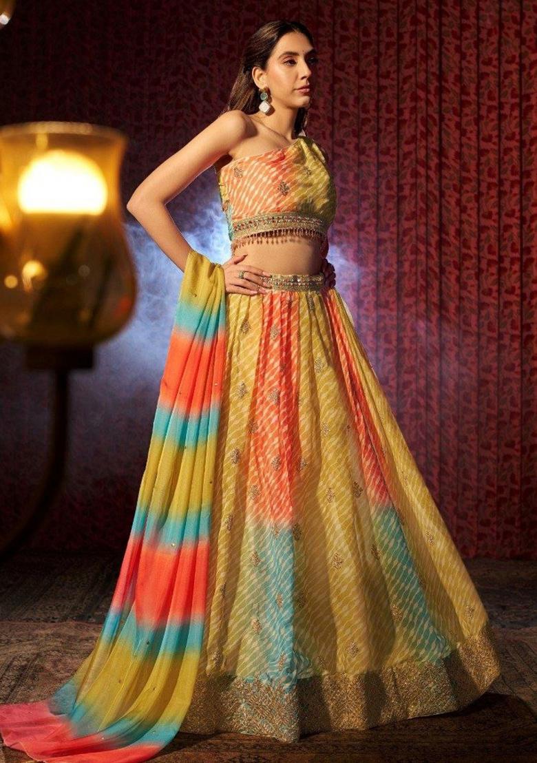 Multi Color Embroiderd Organza Lehenga Set - Indya