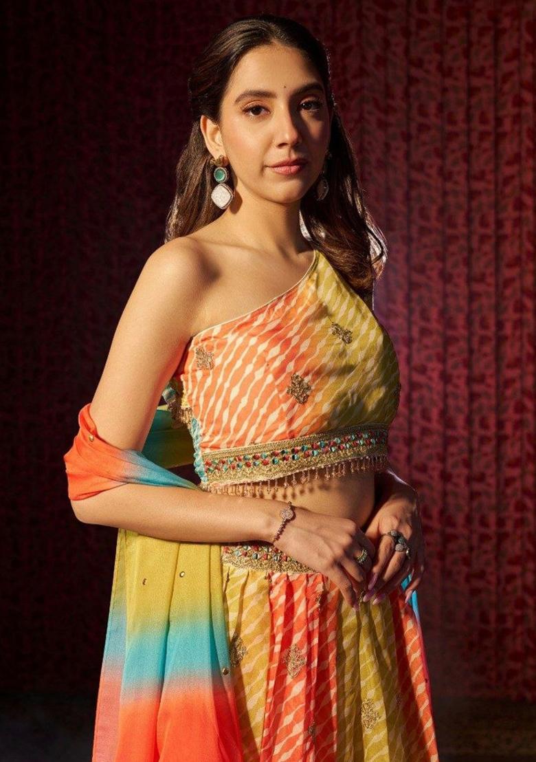 Multi Color Embroiderd Organza Lehenga Set - Indya