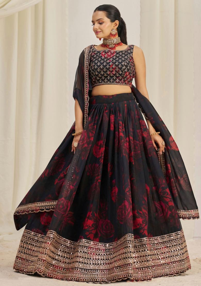 Black Embroiderd Organza Lehenga Set - Indya