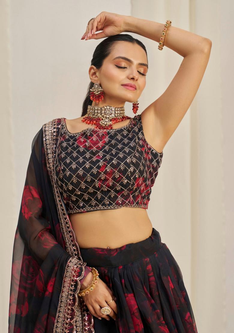 Black Embroiderd Organza Lehenga Set - Indya