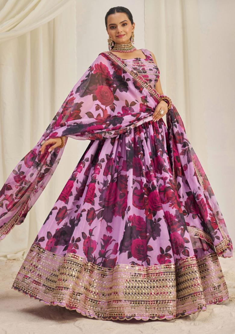 Pink Embroiderd Organza Lehenga Set - Indya