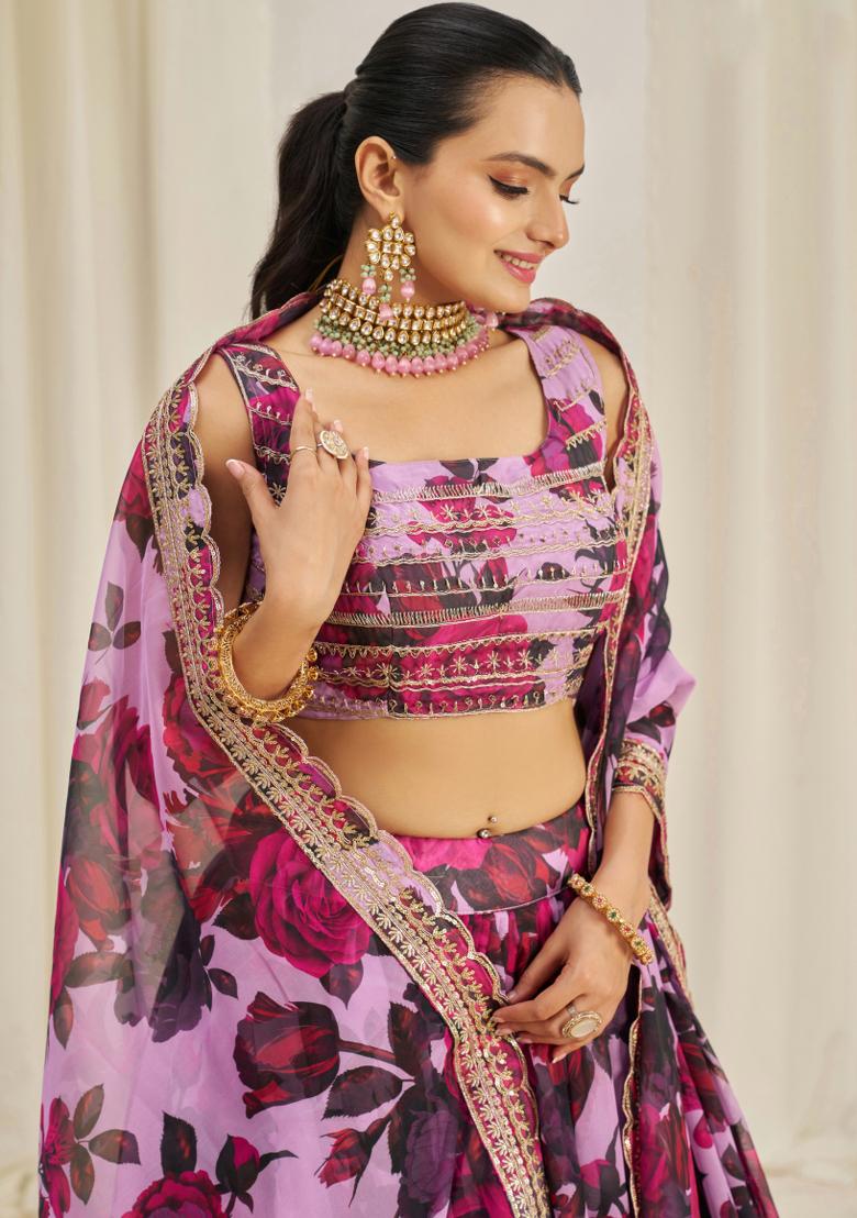 Pink Embroiderd Organza Lehenga Set - Indya