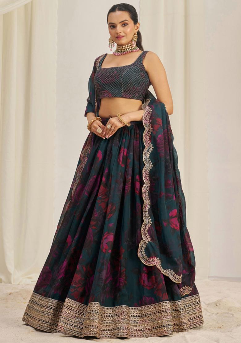 Green Embroiderd Organza Lehenga Set - Indya