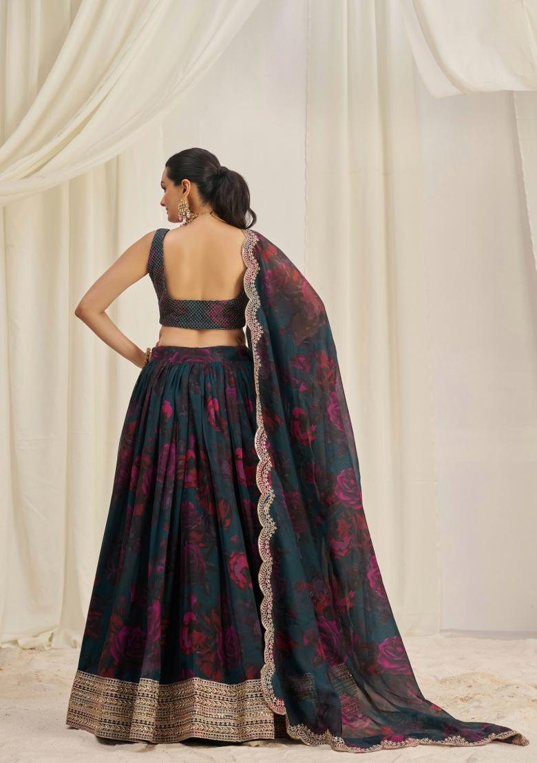 Green Embroiderd Organza Lehenga Set - Indya