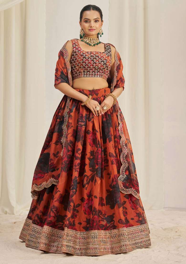 Orange Embroiderd Organza Lehenga Set for Diwali | Wedding & Festive Wear - Indya
