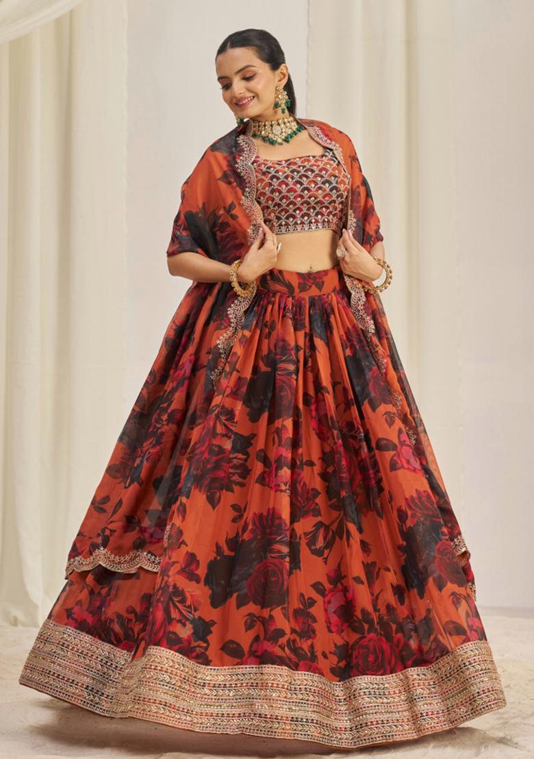 Orange Embroiderd Organza Lehenga Set - Indya
