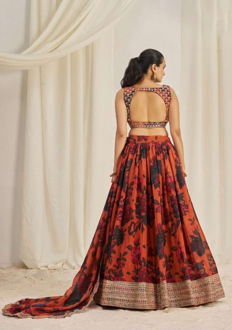 Orange Embroiderd Organza Lehenga Set for Diwali | Wedding & Festive Wear - Indya
