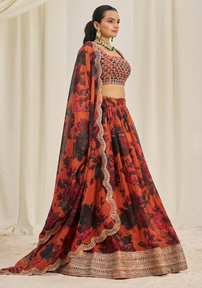 Orange Embroiderd Organza Lehenga Set - Indya