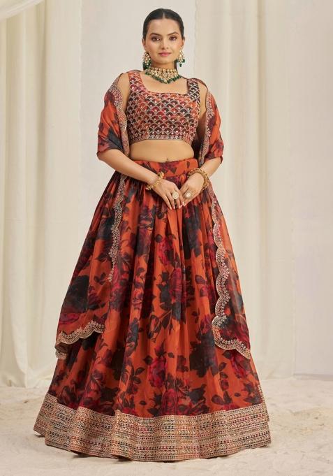 Orange Embroiderd Organza Lehenga Set