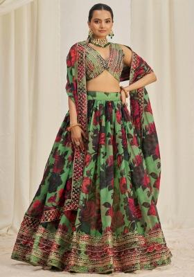 Green Embroiderd Organza Lehenga Set