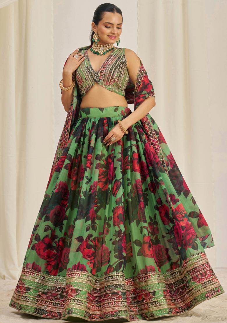 Green Embroiderd Organza Lehenga Set - Indya