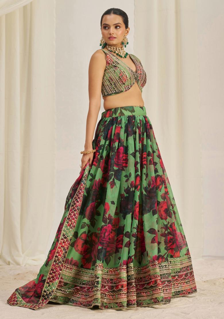 Green Embroiderd Organza Lehenga Set - Indya