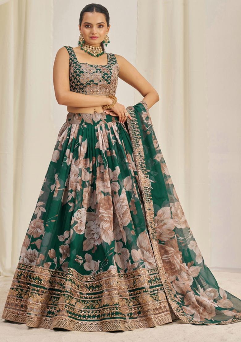 Green Embroiderd Organza Lehenga Set - Indya