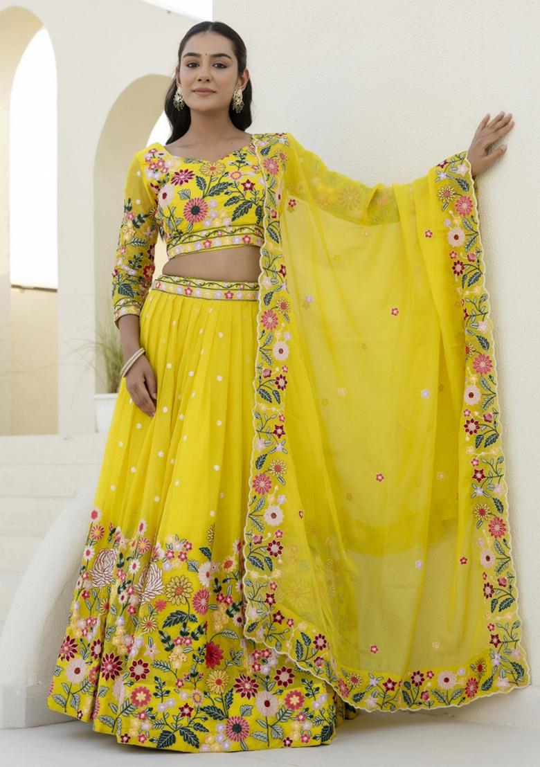 Yellow Embroiderd Organza Lehenga Set