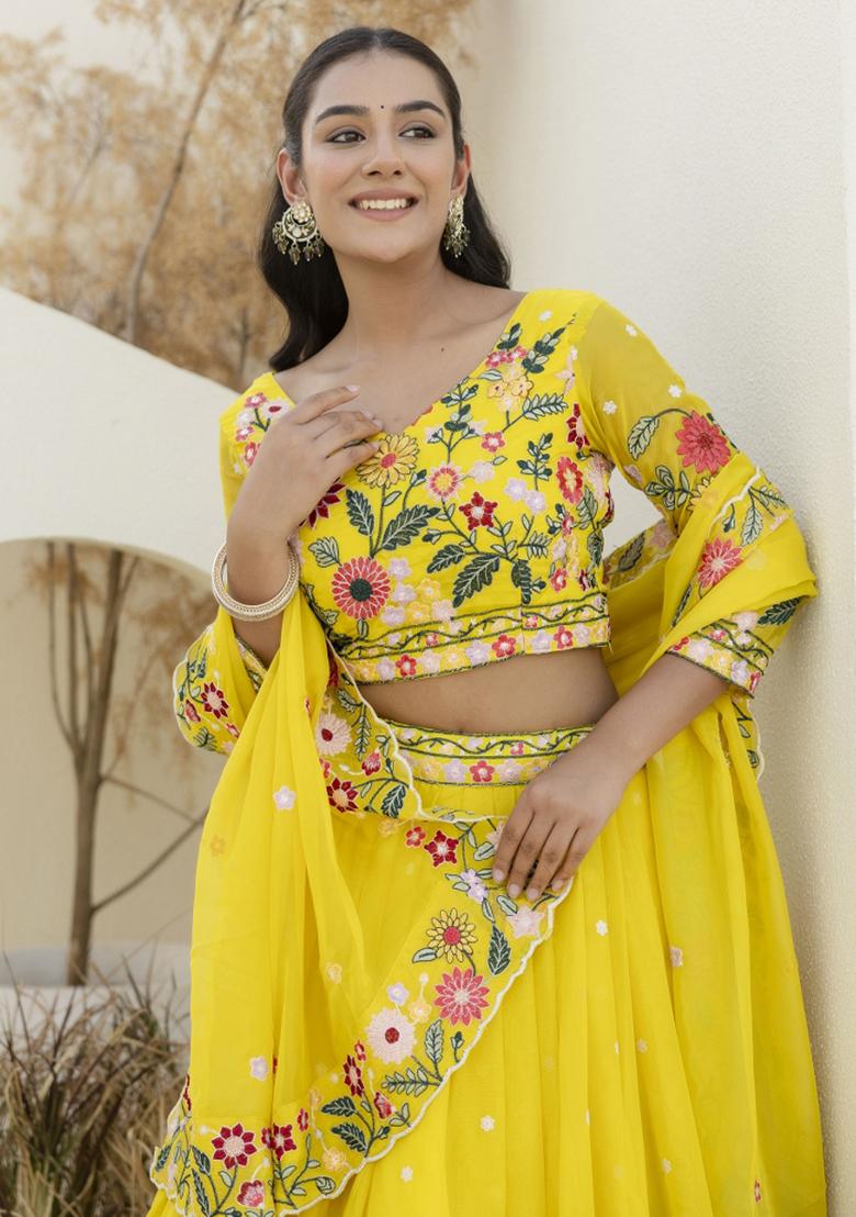 Yellow Embroiderd Organza Lehenga Set - Indya