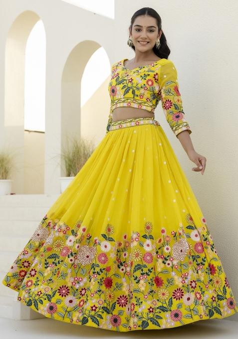 Yellow Embroiderd Organza Lehenga Set