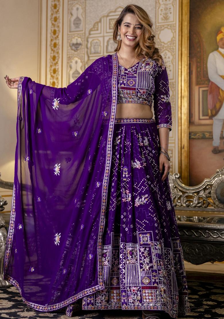 Wine Embroiderd Georgette Lehenga Set