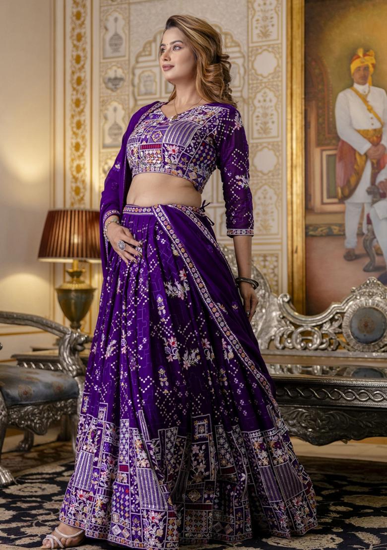 Wine Embroiderd Georgette Lehenga Set - Indya