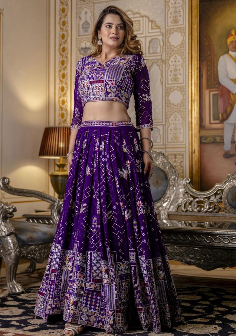 Wine Embroiderd Georgette Lehenga Set - Indya