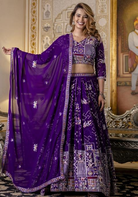 Wine Embroiderd Georgette Lehenga Set