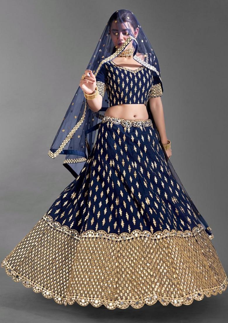 Blue Embroiderd Silk Lehenga Set - Indya