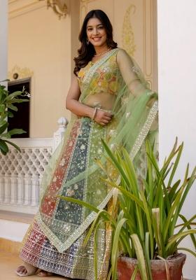 Multi Color Embroiderd Georgette Lehenga Set