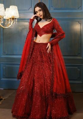 Red Embroiderd Georgette Lehenga Set