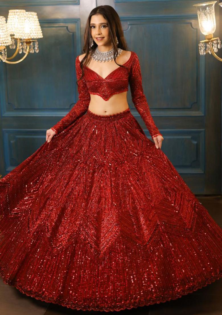 Red Embroiderd Georgette Lehenga Set - Indya