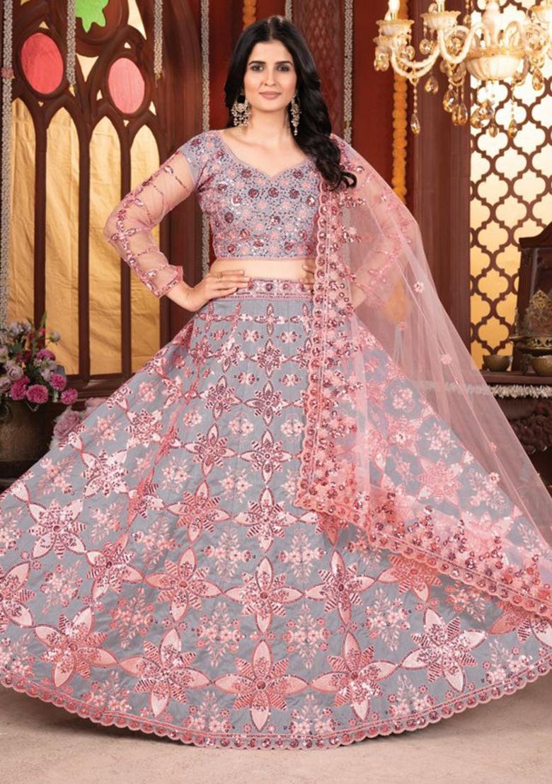 Grey Embroiderd Silk Lehenga Set - Indya