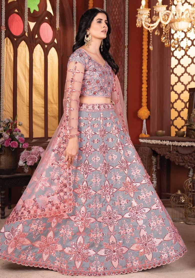 Grey Embroiderd Silk Lehenga Set - Indya