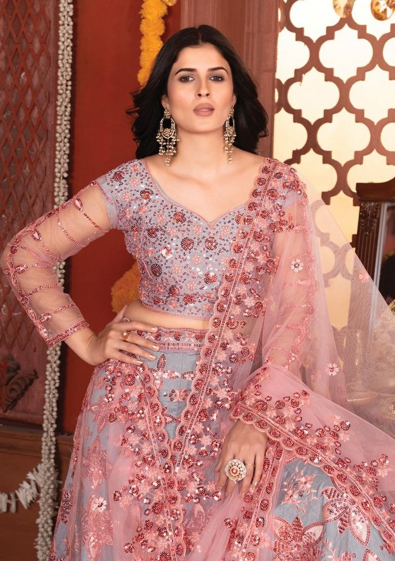 Grey Embroiderd Silk Lehenga Set