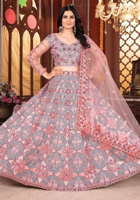 Grey Embroiderd Silk Lehenga Set