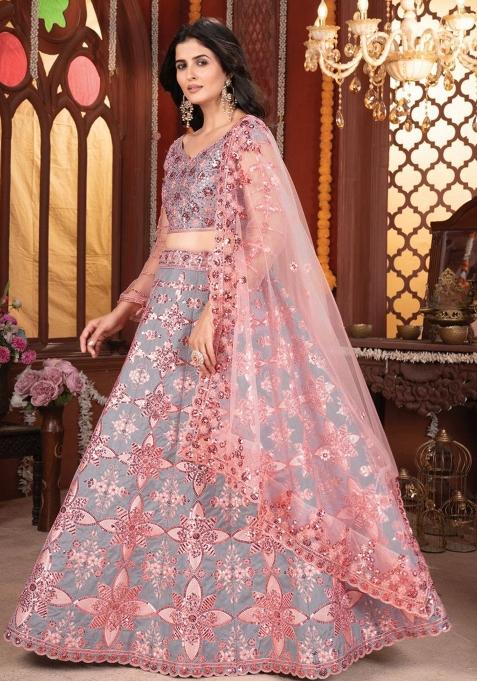 Grey Embroiderd Silk Lehenga Set