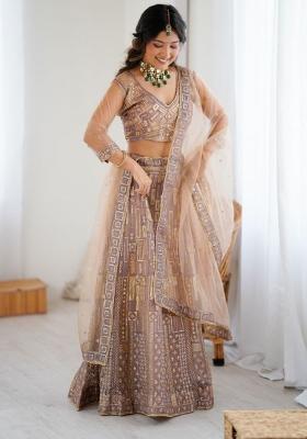 Brown Embroiderd Blended Lehenga Set