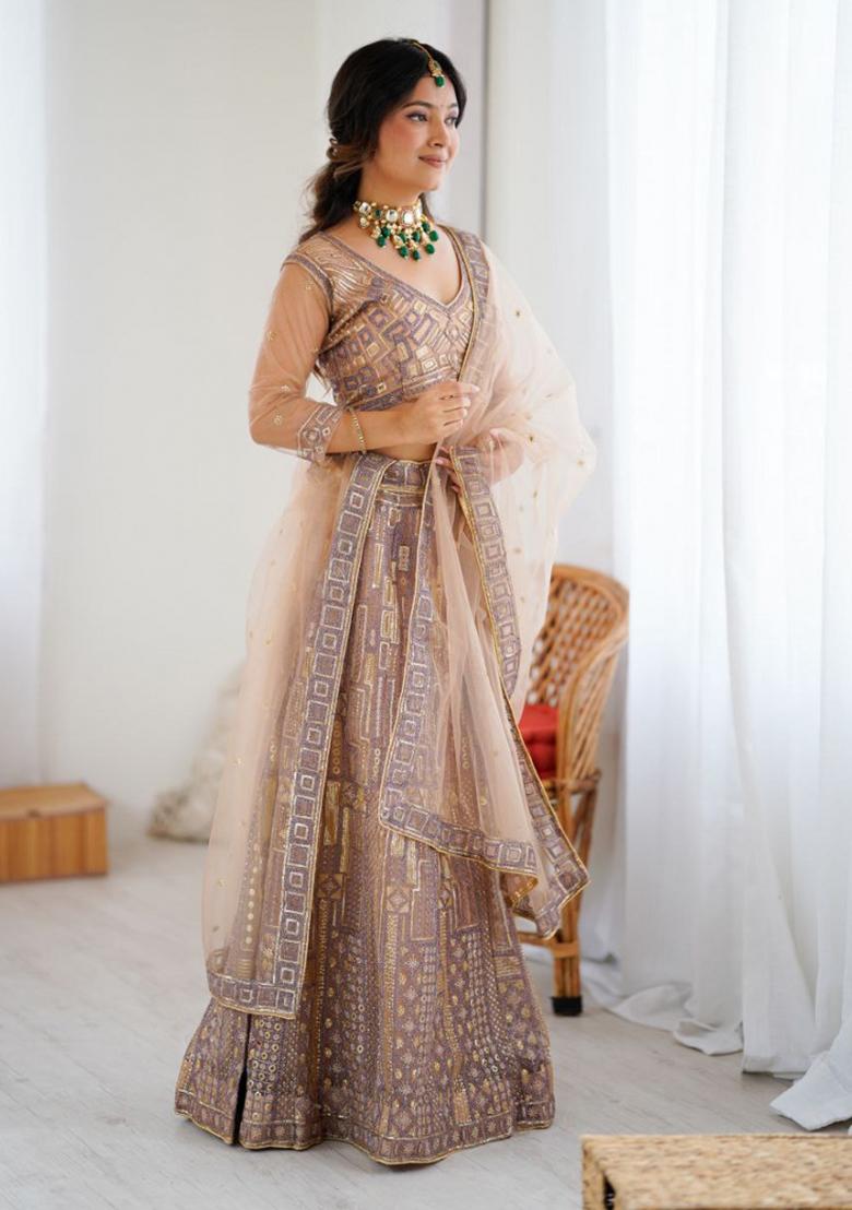 Brown Embroiderd Blended Lehenga Set - Indya