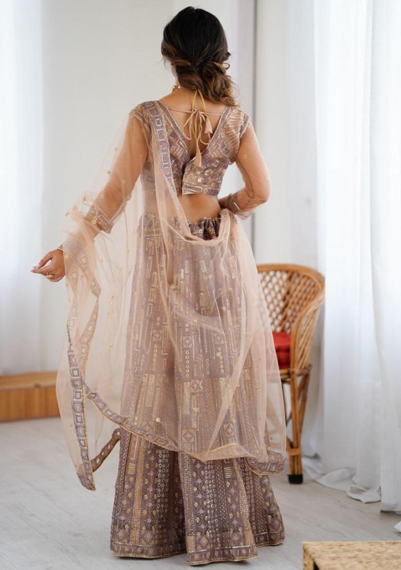Brown Embroiderd Blended Lehenga Set