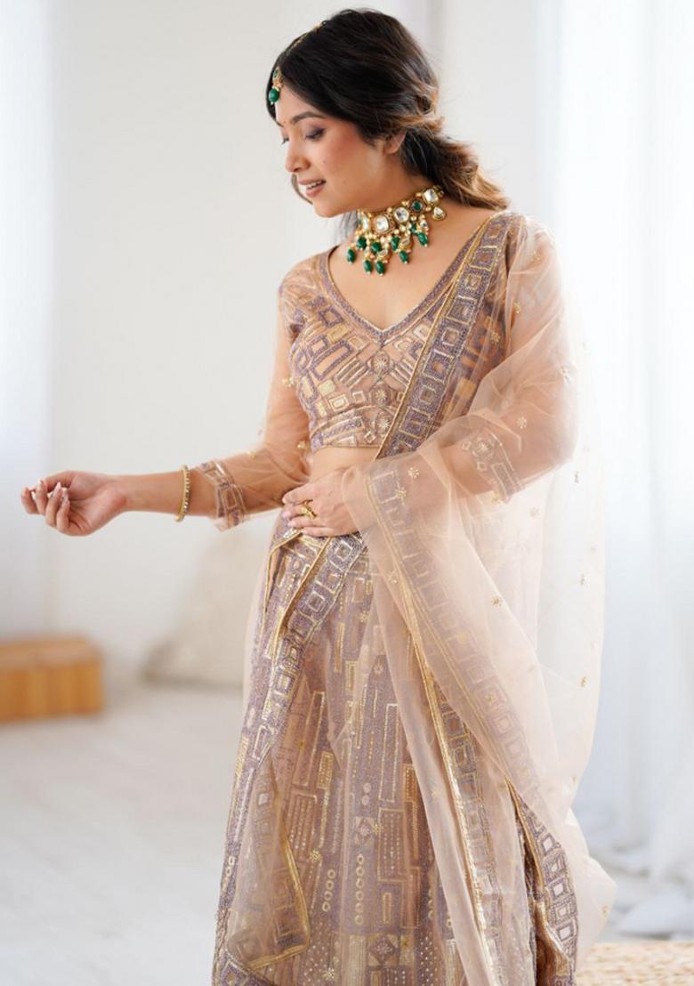 Brown Embroiderd Blended Lehenga Set - Indya