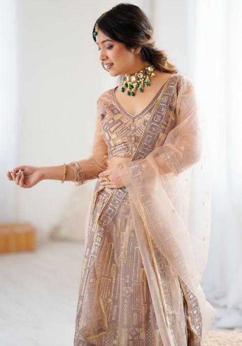 Brown Embroiderd Blended Lehenga Set