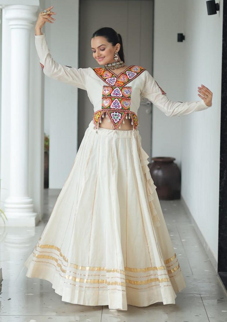 White Embroiderd Cotton Lehenga Set - Indya