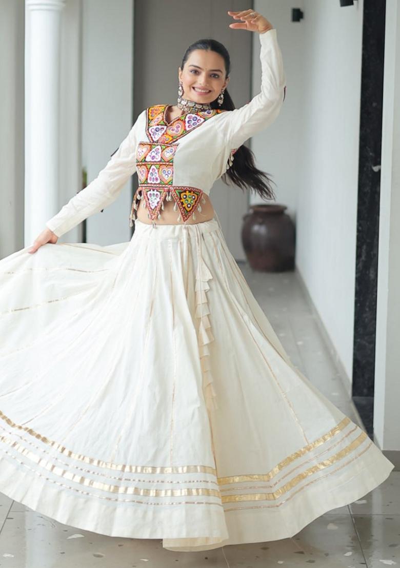 White Embroiderd Cotton Lehenga Set - Indya